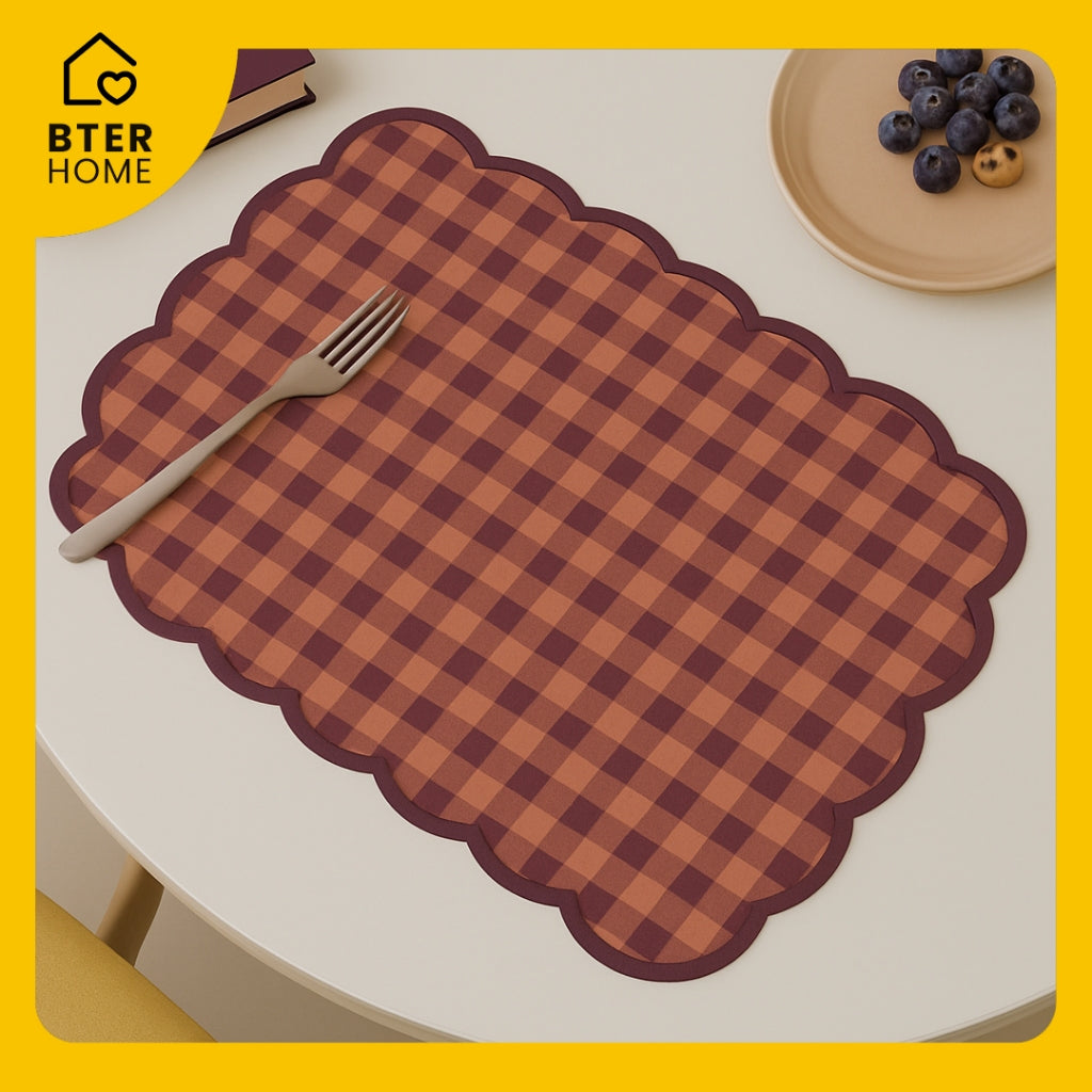 Bter Home Tatakan Piring Placemat Gingham Kotak Cerah Scallop Anti Slip Tahan Panas PVC Premium Mudah Dibersihkan