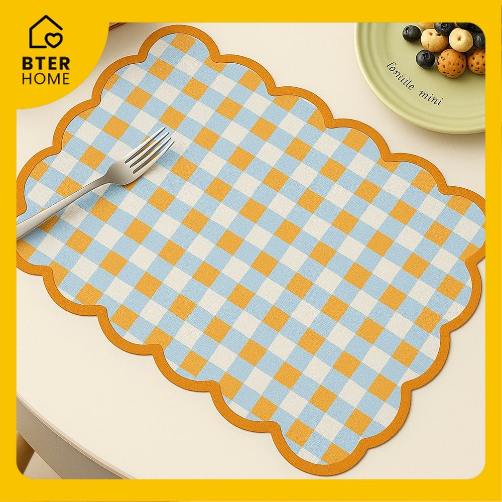 Bter Home Tatakan Piring Placemat Gingham Kotak Cerah Scallop Anti Slip Tahan Panas PVC Premium Mudah Dibersihkan