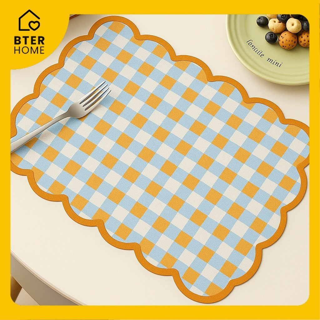 Bter Home Tatakan Piring Placemat Gingham Kotak Cerah Scallop Anti Slip Tahan Panas PVC Premium Mudah Dibersihkan