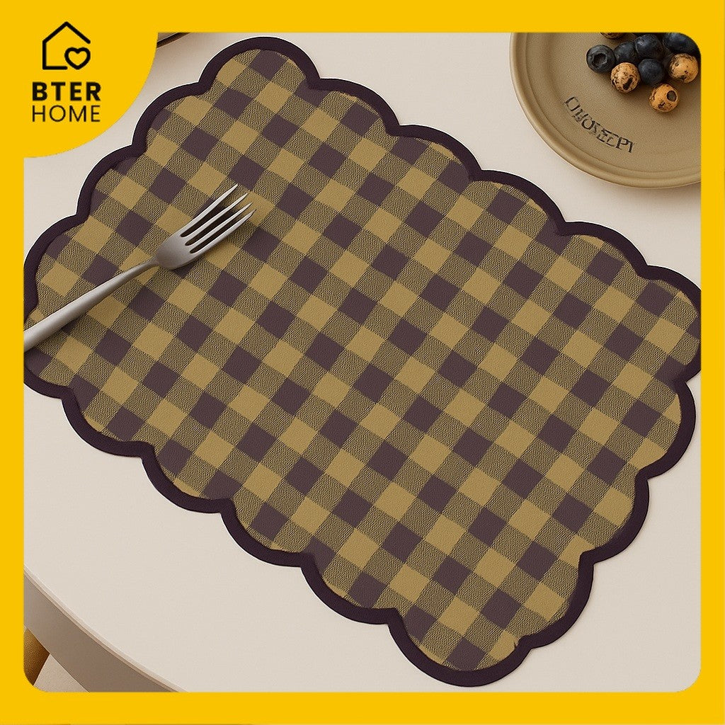 Bter Home Tatakan Piring Placemat Gingham Kotak Cerah Scallop Anti Slip Tahan Panas PVC Premium Mudah Dibersihkan