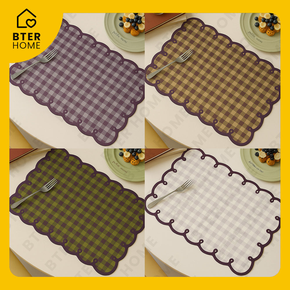 Bter Home Tatakan Piring Placemat Gingham Kotak Pastel Anti Slip Tahan Panas PVC Premium Estetik Scallop Edge - image 4