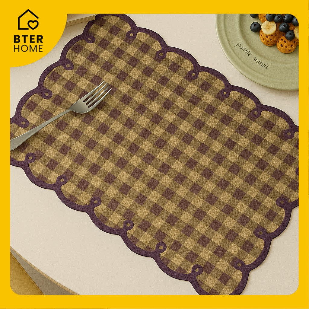 Bter Home Tatakan Piring Placemat Gingham Kotak Pastel Anti Slip Tahan Panas PVC Premium Estetik Scallop Edge