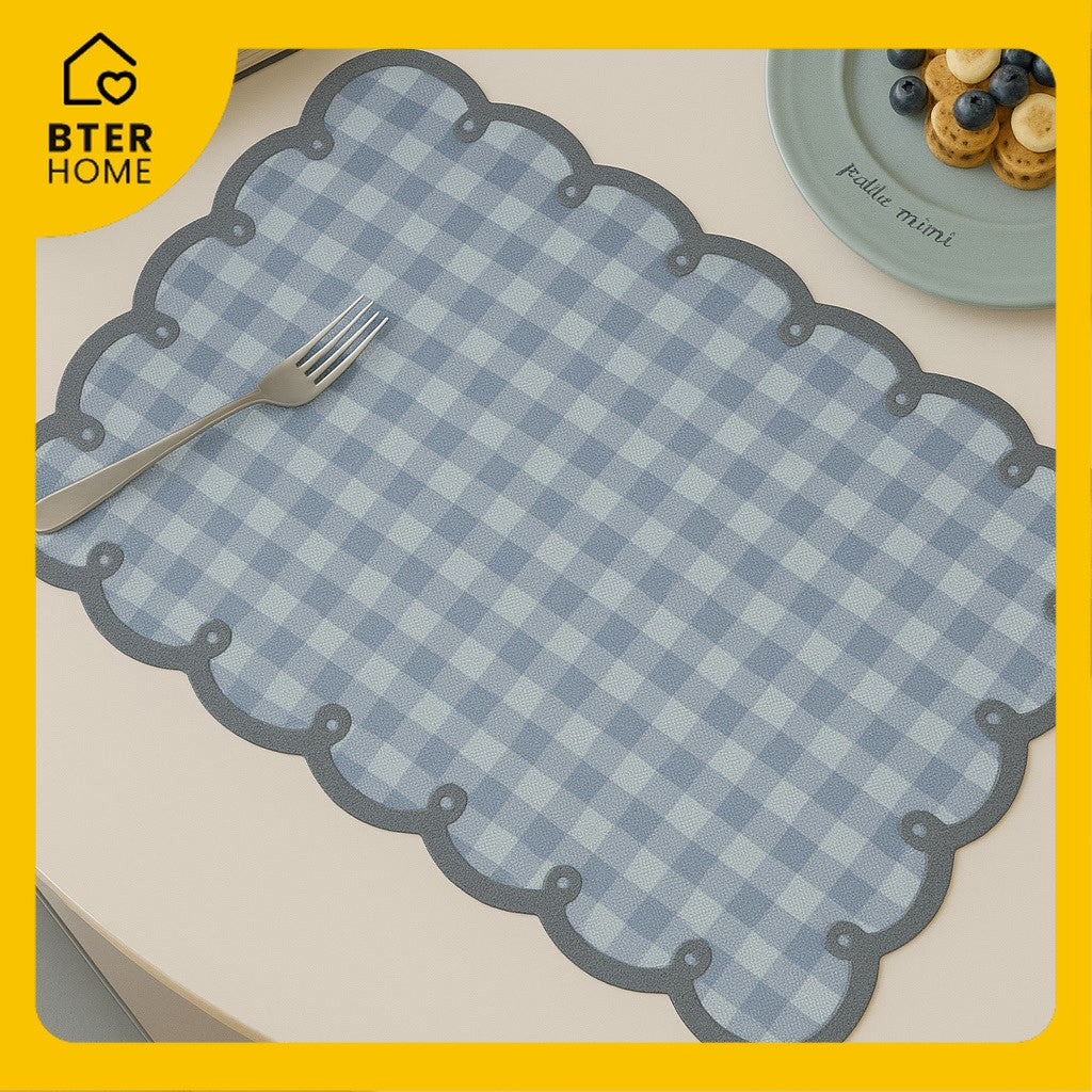 Bter Home Tatakan Piring Placemat Gingham Kotak Pastel Anti Slip Tahan Panas PVC Premium Estetik Scallop Edge
