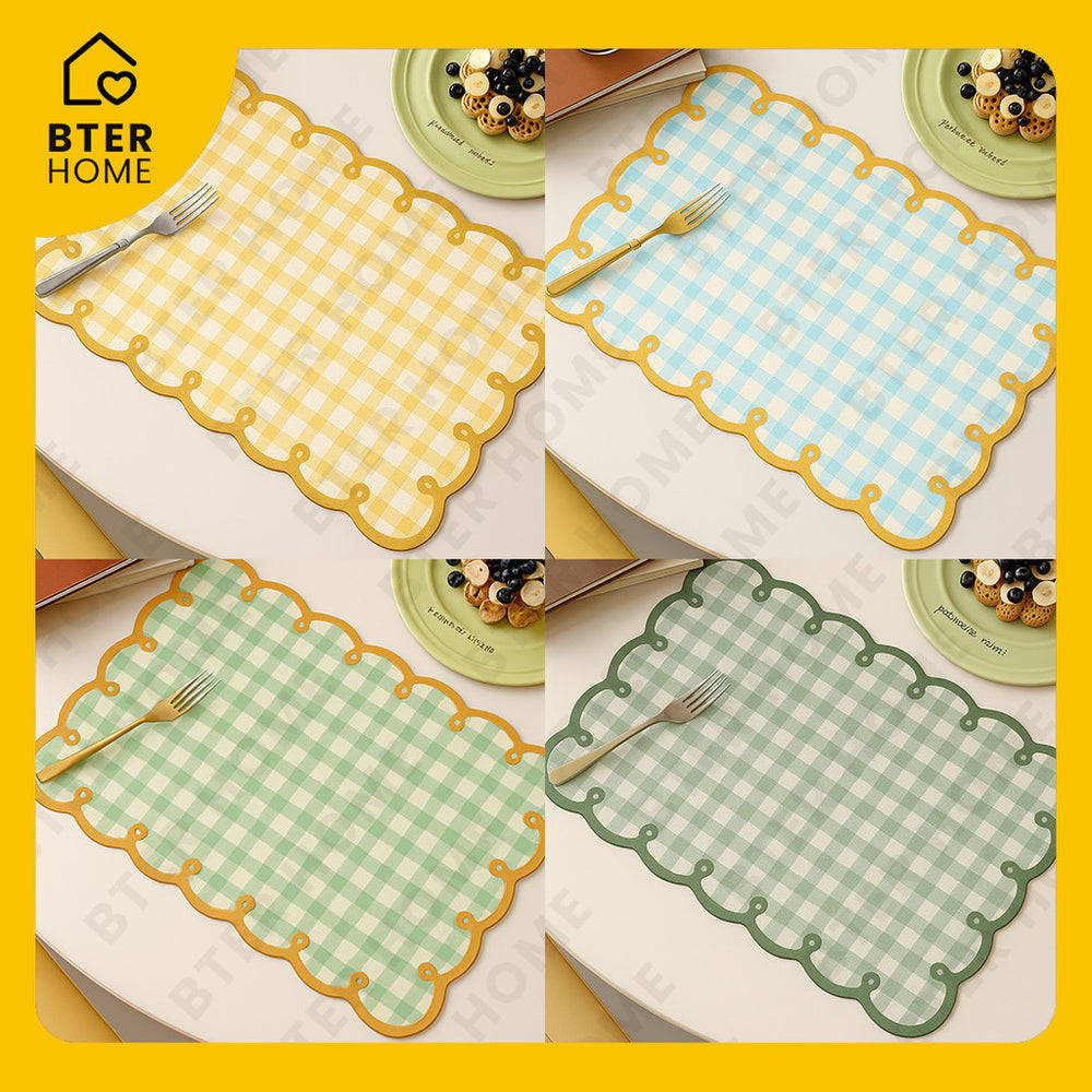 Bter Home Tatakan Piring Placemat Gingham Kotak Pastel Anti Slip Tahan Panas PVC Premium Estetik Scallop Edge - BH1008