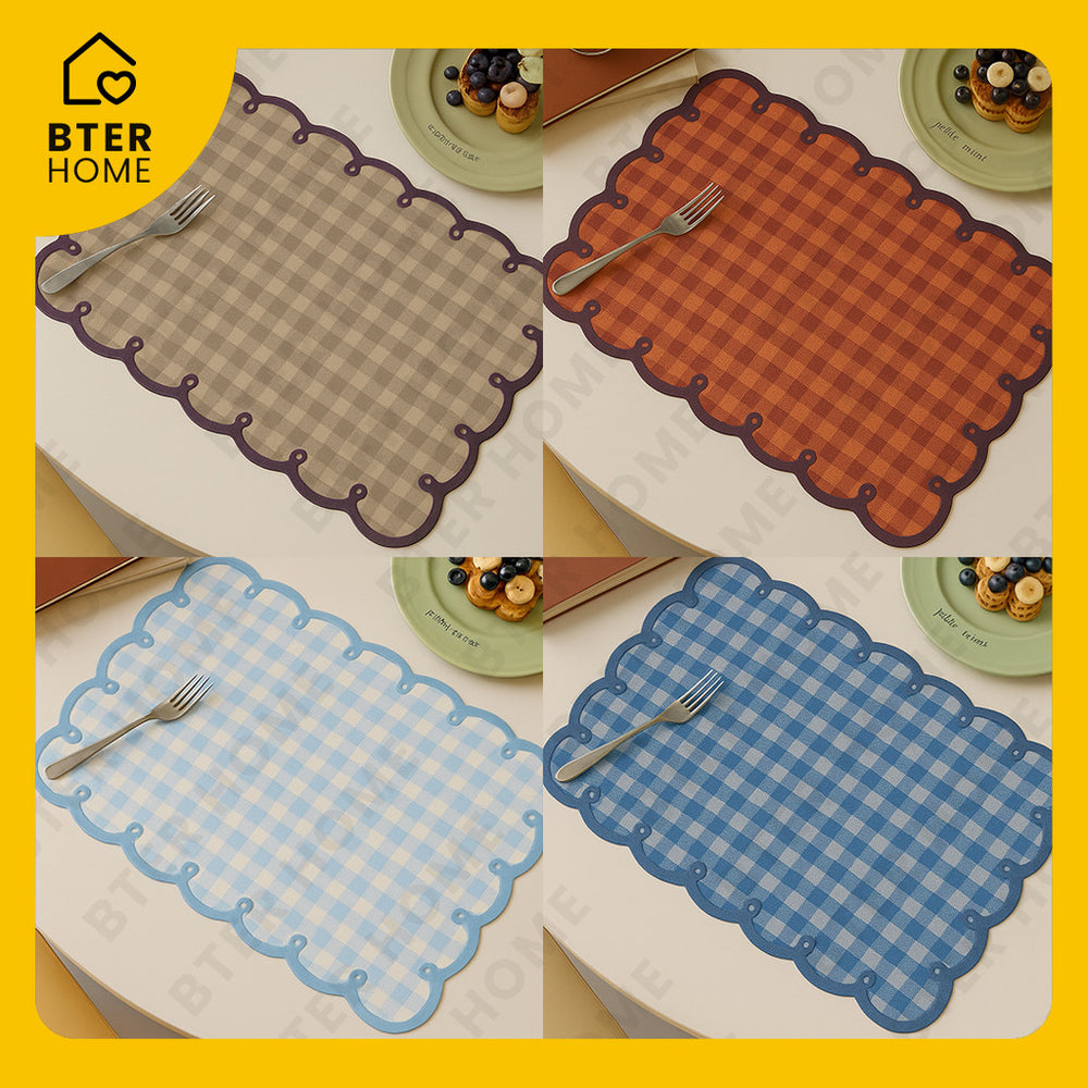 Bter Home Tatakan Piring Placemat Gingham Kotak Pastel Anti Slip Tahan Panas PVC Premium Estetik Scallop Edge - image 3