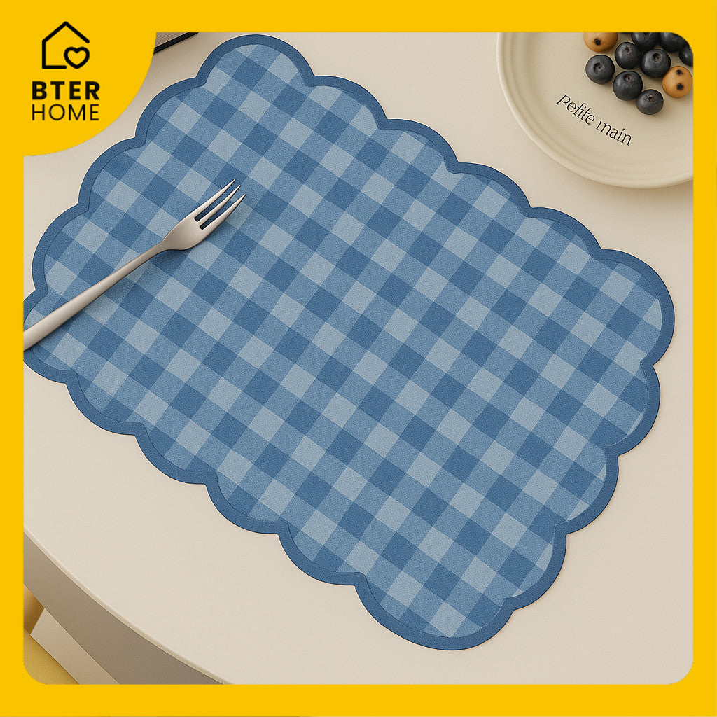 Bter Home Tatakan Piring Placemat Gingham Kotak Cerah Scallop Anti Slip Tahan Panas PVC Premium Mudah Dibersihkan