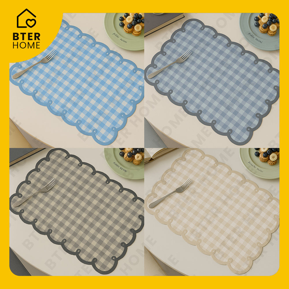 Bter Home Tatakan Piring Placemat Gingham Kotak Pastel Anti Slip Tahan Panas PVC Premium Estetik Scallop Edge - image 2
