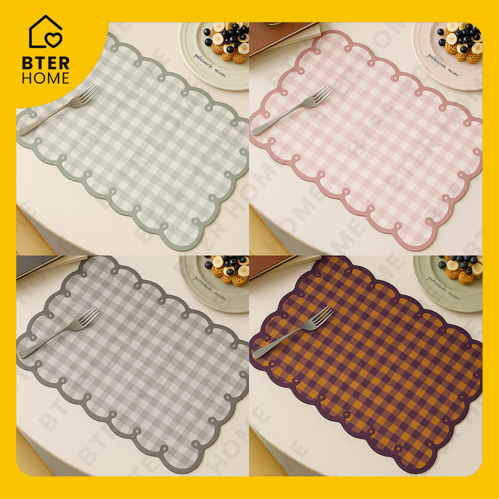 Bter Home Tatakan Piring Placemat Gingham Kotak Pastel Anti Slip Tahan Panas PVC Premium Estetik Scallop Edge - image 5