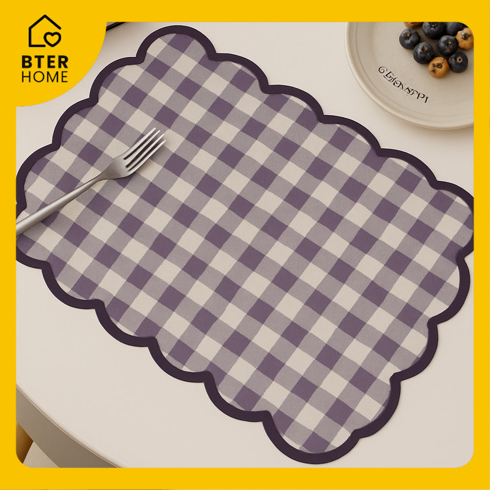 Bter Home Tatakan Piring Placemat Gingham Kotak Cerah Scallop Anti Slip Tahan Panas PVC Premium Mudah Dibersihkan