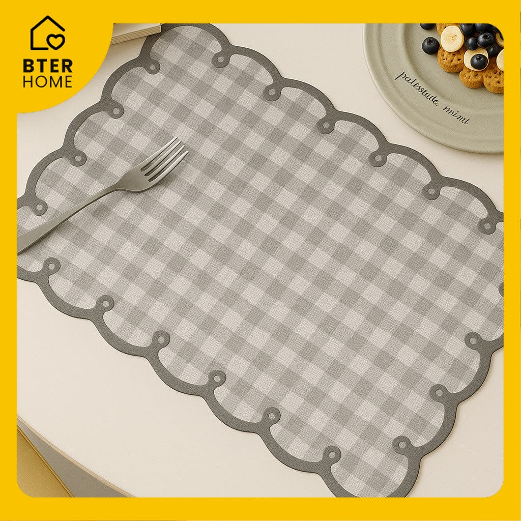 Bter Home Tatakan Piring Placemat Gingham Kotak Pastel Anti Slip Tahan Panas PVC Premium Estetik Scallop Edge