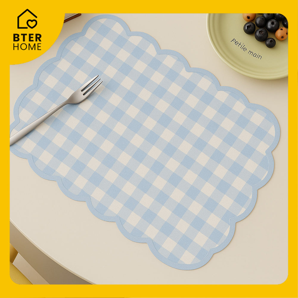 Bter Home Tatakan Piring Placemat Gingham Kotak Cerah Scallop Anti Slip Tahan Panas PVC Premium Mudah Dibersihkan