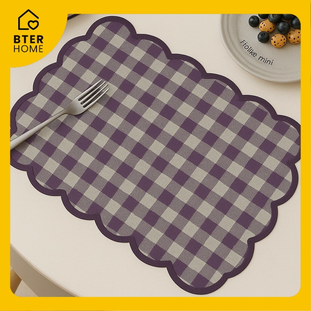 Bter Home Tatakan Piring Placemat Gingham Kotak Cerah Scallop Anti Slip Tahan Panas PVC Premium Mudah Dibersihkan