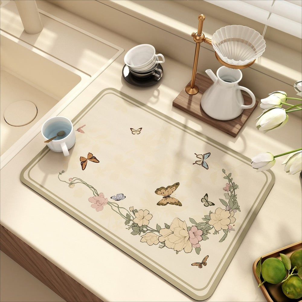 Bter Home Alas Meja Dapur Motif Kupu Kupu Floral Vintage Serap Air Pelindung Countertop Estetik