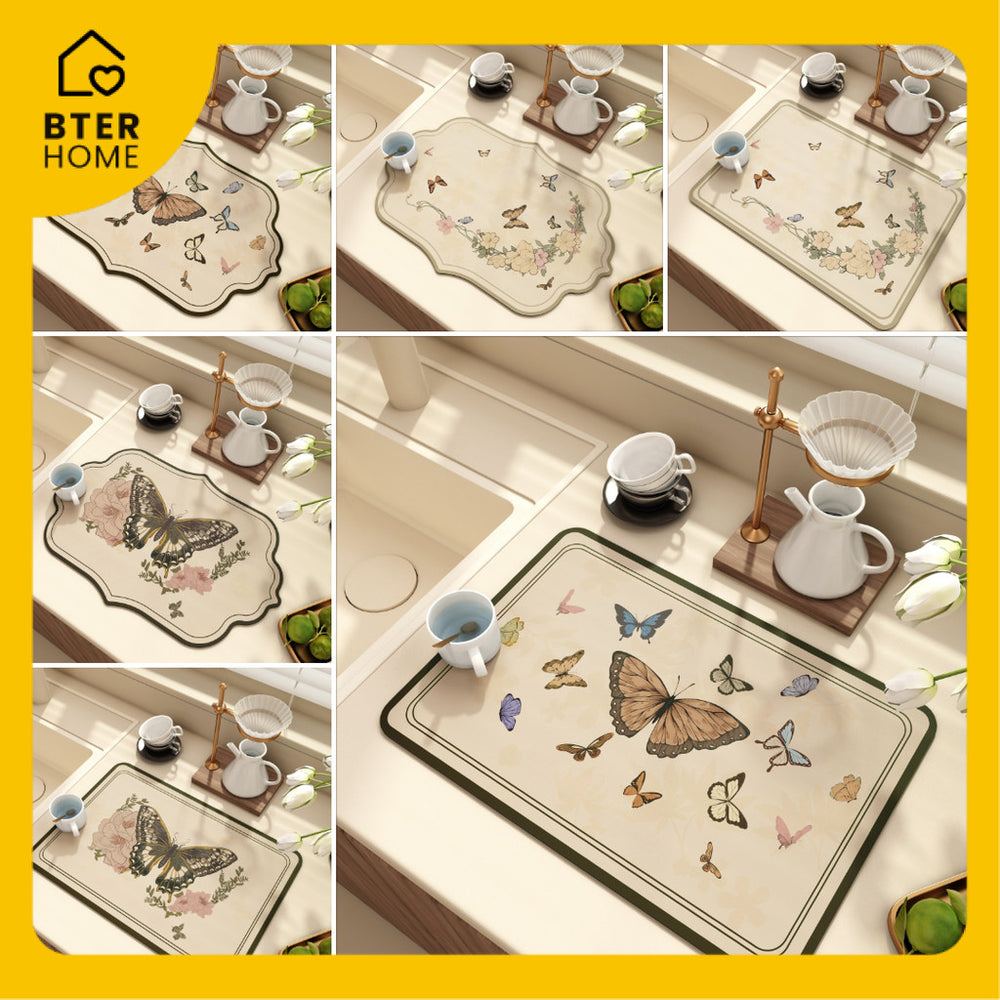 Bter Home Alas Meja Dapur Motif Kupu Kupu Floral Vintage Serap Air Pelindung Countertop Estetik - BH4713 SerapAir