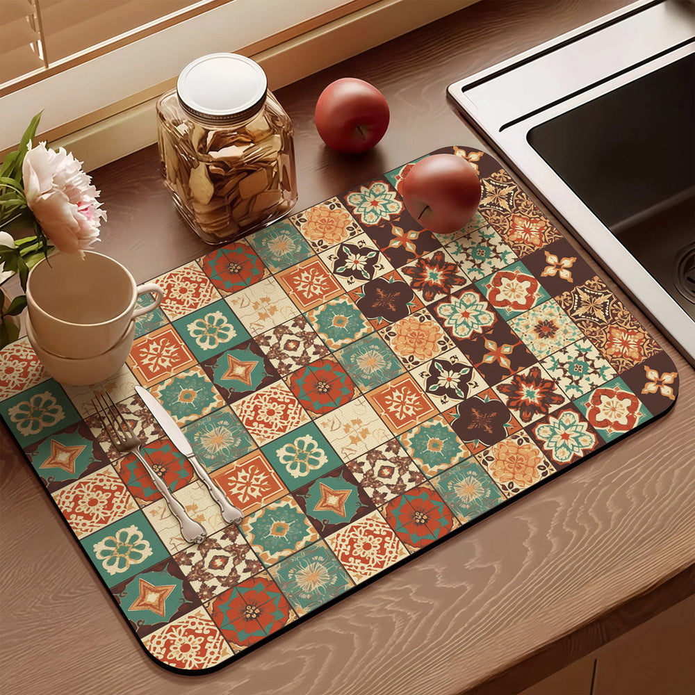 Bter Home Alas Meja Dapur Motif Patchwork Vintage Serap Air untuk Countertop Estetik