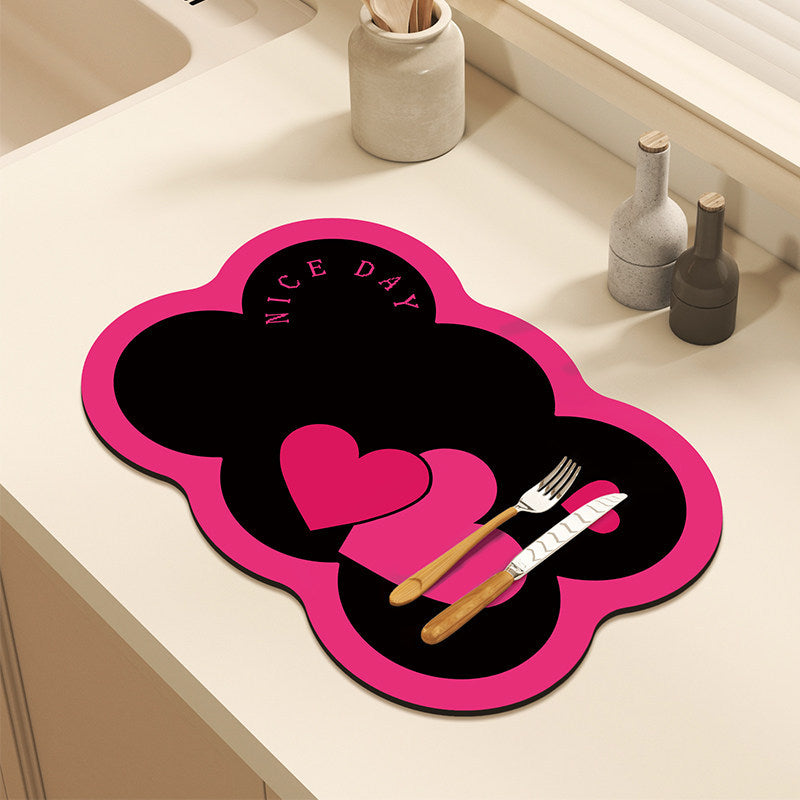 Bter Home Alas Meja Dapur Bentuk Bunga Motif Hati Pink Hitam Serap Air untuk Countertop Estetik