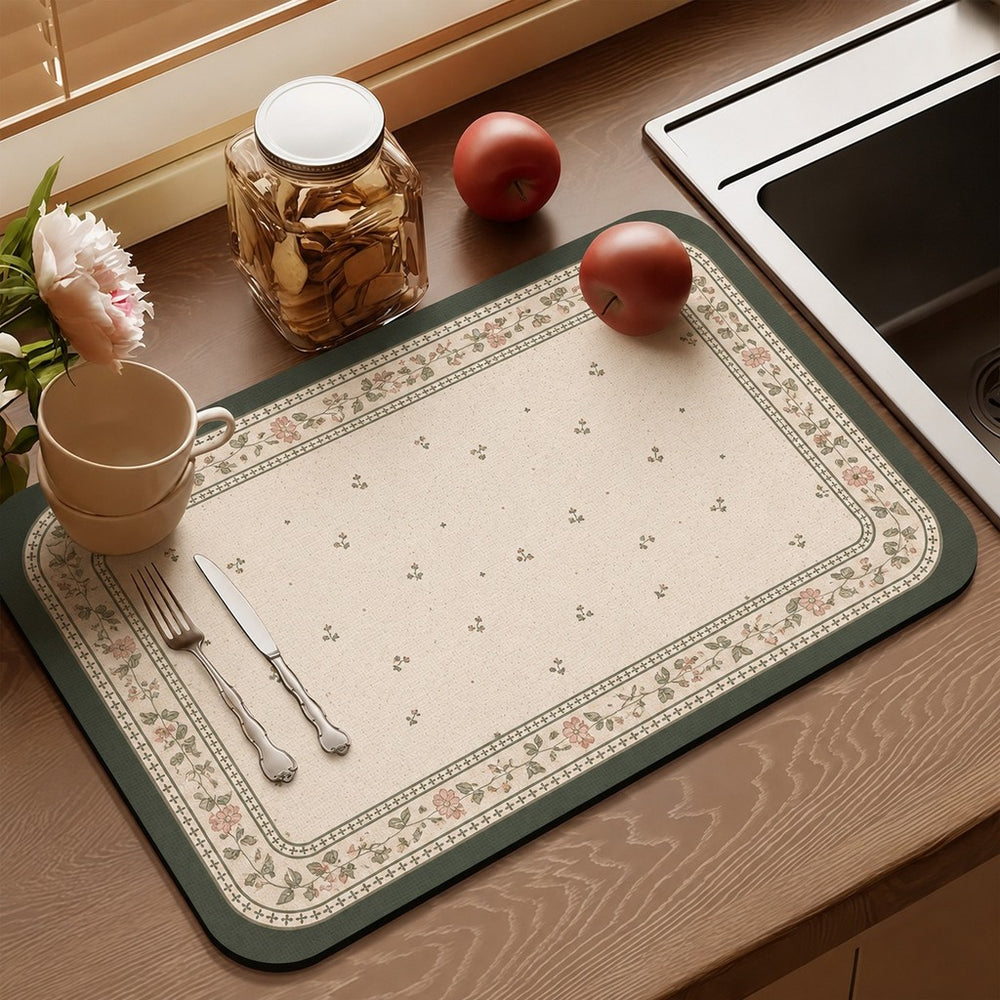 Bter Home Alas Meja Dapur Motif Botanical Vintage Serap Air Pelindung Countertop Estetik