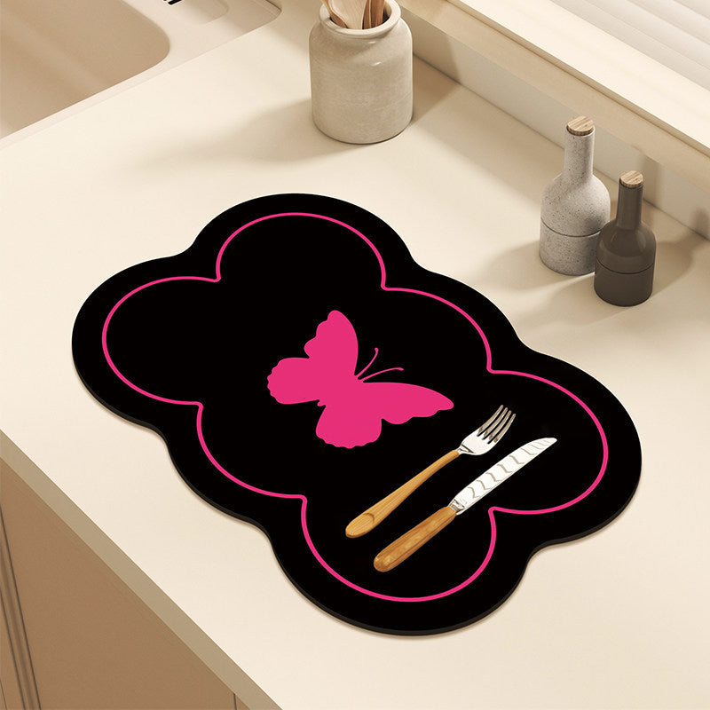 Bter Home Alas Meja Dapur Bentuk Bunga Motif Hati Pink Hitam Serap Air untuk Countertop Estetik