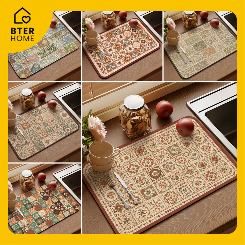 Bter Home Alas Meja Dapur Motif Patchwork Vintage Serap Air untuk Countertop Estetik - BH4683 TidakSerapAir