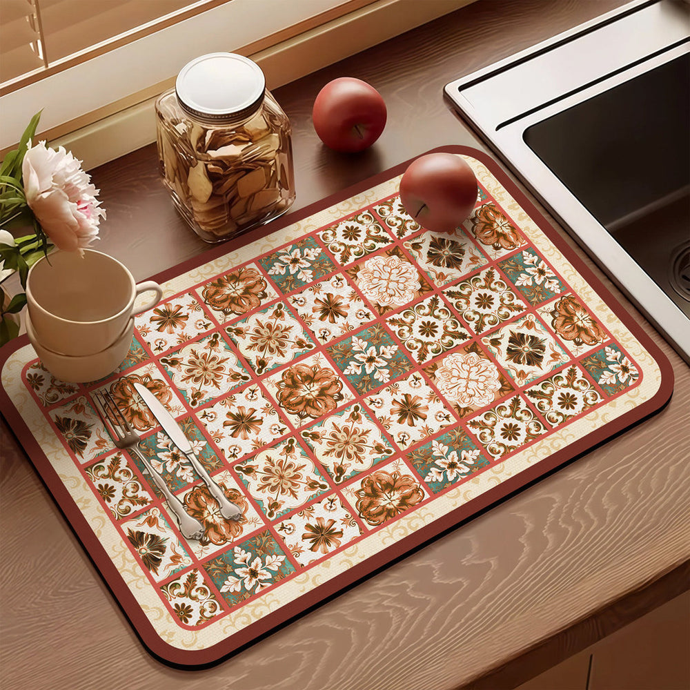 Bter Home Alas Meja Dapur Motif Patchwork Vintage Serap Air untuk Countertop Estetik