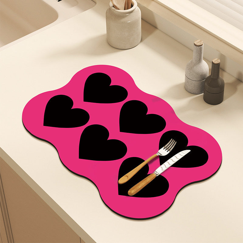 Bter Home Alas Meja Dapur Bentuk Bunga Motif Hati Pink Hitam Serap Air untuk Countertop Estetik