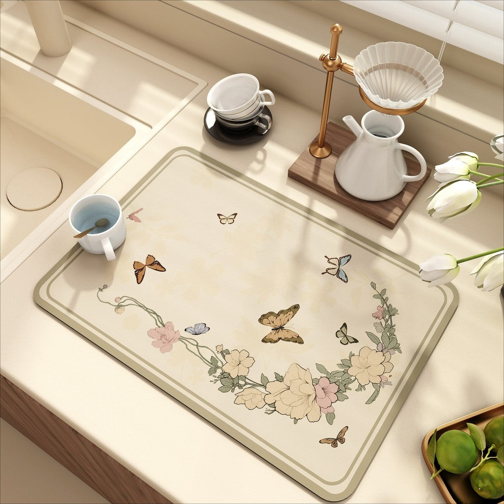 Bter Home Alas Meja Dapur Motif Kupu Kupu Floral Vintage Serap Air Pelindung Countertop Estetik
