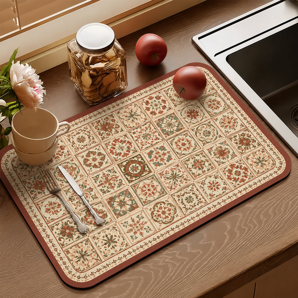 Bter Home Alas Meja Dapur Motif Patchwork Vintage Serap Air untuk Countertop Estetik - image 7