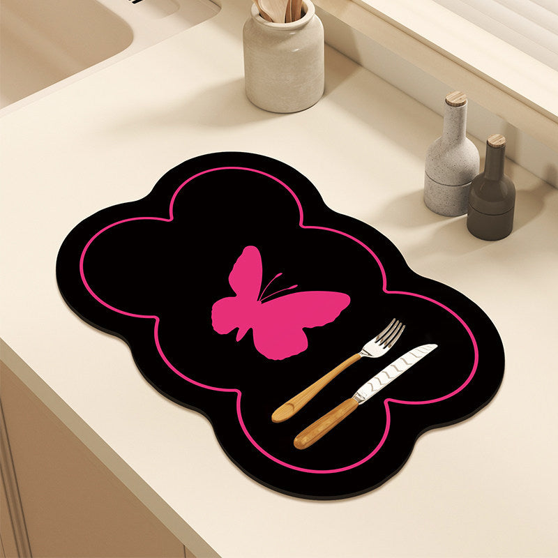 Bter Home Alas Meja Dapur Bentuk Bunga Motif Hati Pink Hitam Serap Air untuk Countertop Estetik