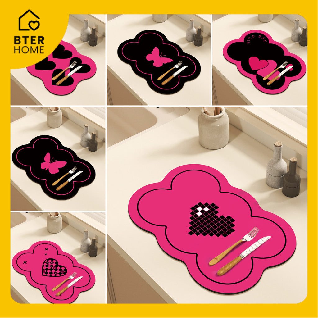Bter Home Alas Meja Dapur Bentuk Bunga Motif Hati Pink Hitam Serap Air untuk Countertop Estetik - BH4700 TidakSerapAir