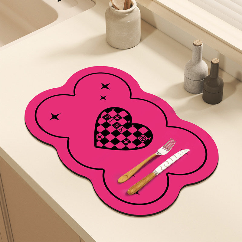 Bter Home Alas Meja Dapur Bentuk Bunga Motif Hati Pink Hitam Serap Air untuk Countertop Estetik