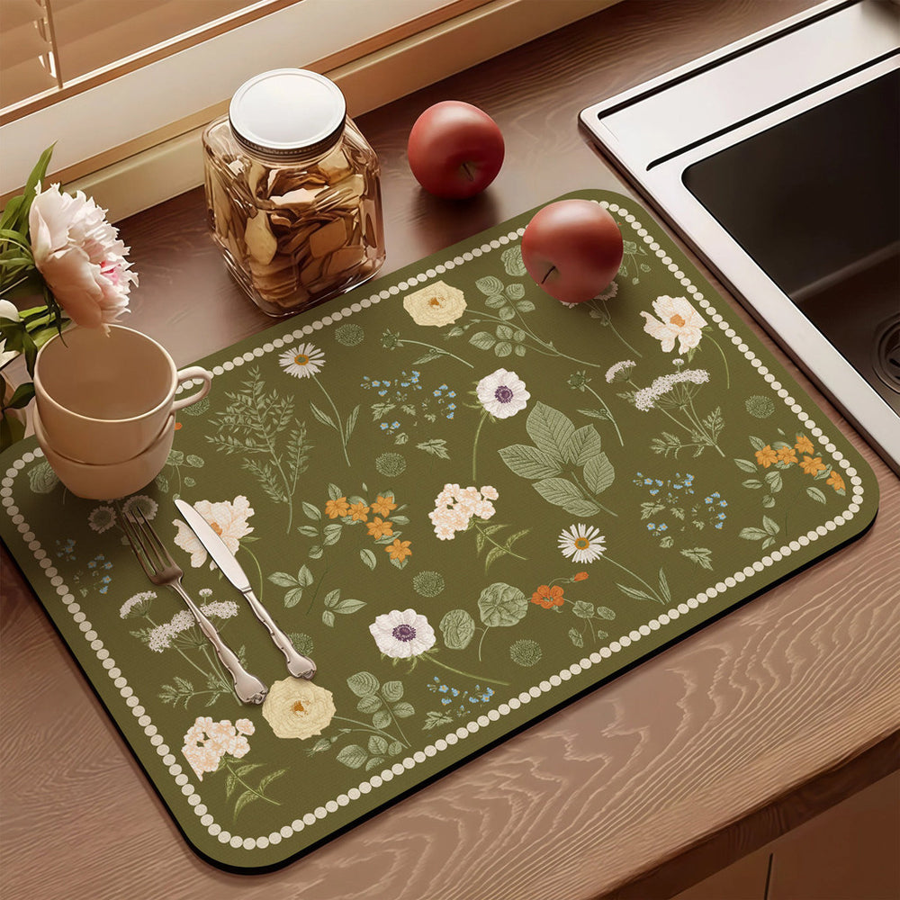 Bter Home Alas Meja Dapur Motif Botanical Vintage Serap Air Pelindung Countertop Estetik
