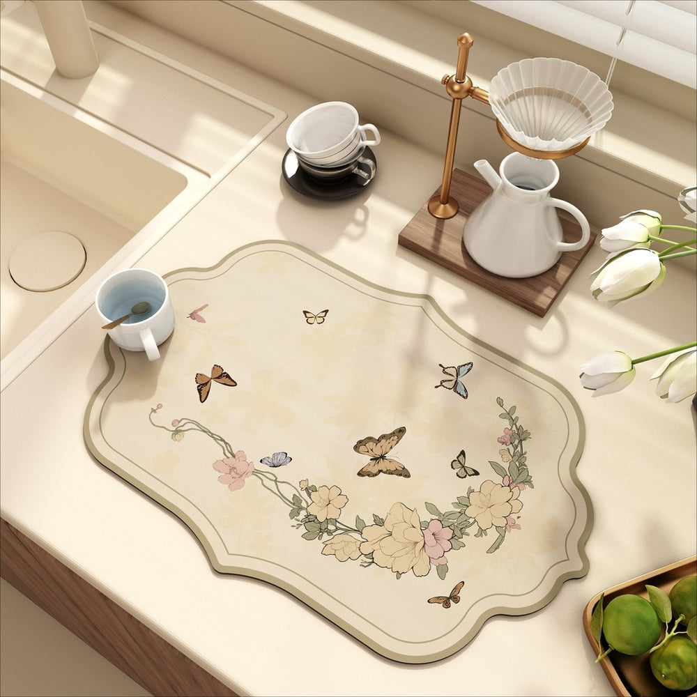 Bter Home Alas Meja Dapur Motif Kupu Kupu Floral Vintage Serap Air Pelindung Countertop Estetik