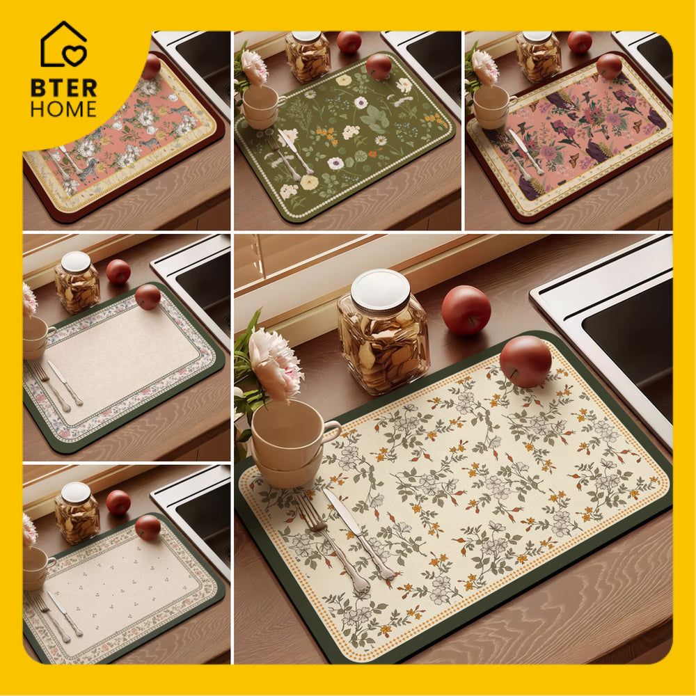 Bter Home Alas Meja Dapur Motif Botanical Vintage Serap Air Pelindung Countertop Estetik - BH4678 SerapAir