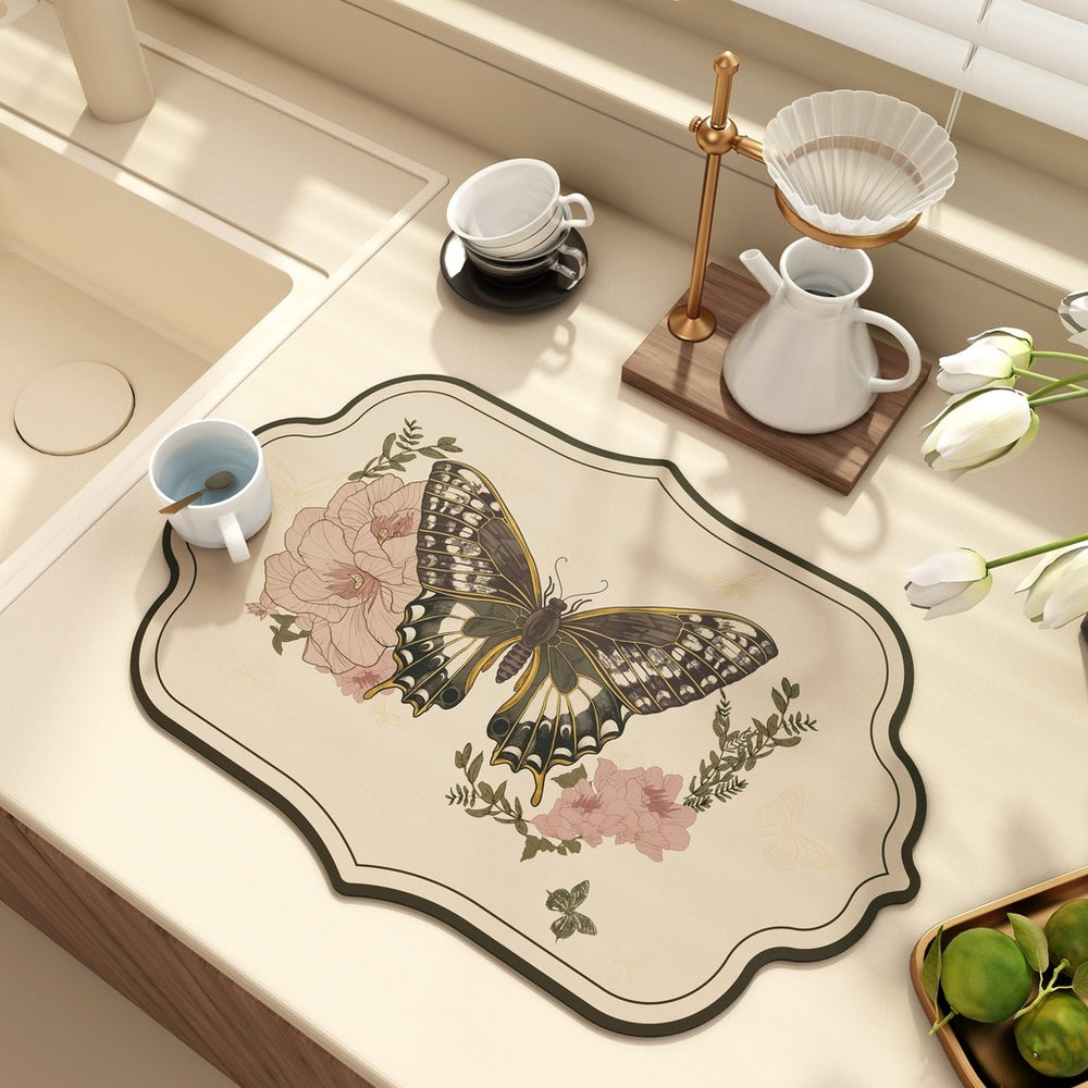 Bter Home Alas Meja Dapur Motif Kupu Kupu Floral Vintage Serap Air Pelindung Countertop Estetik