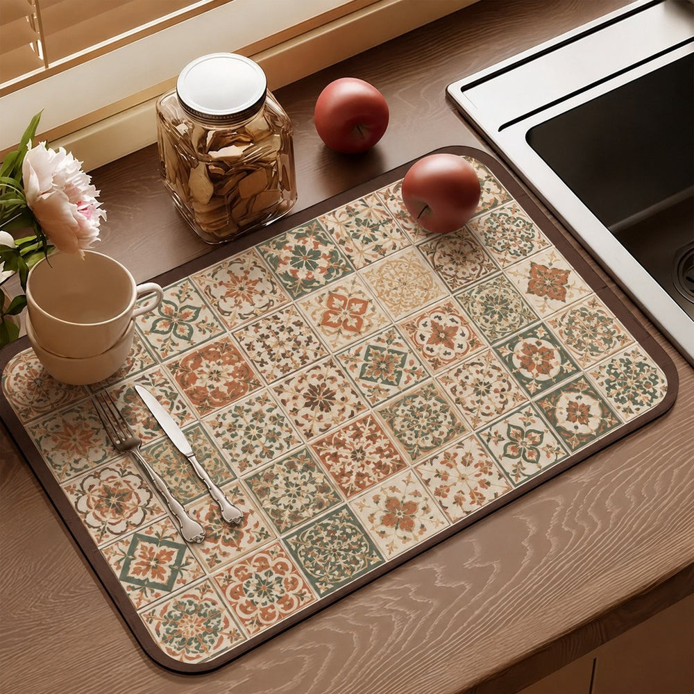 Bter Home Alas Meja Dapur Motif Patchwork Vintage Serap Air untuk Countertop Estetik