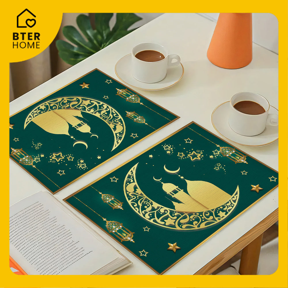 Bter Home Taplak Meja Placemat PVC Premium Ramadan Idul Fitri Emerald Green Gold Mosque Crescent - BH5122