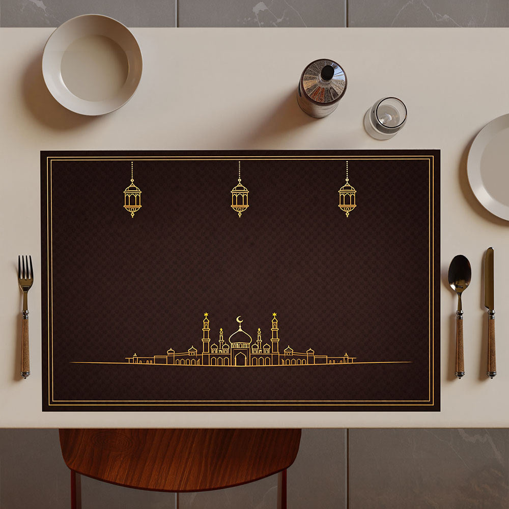Bter Home Tatakan Piring Placemat PVC Premium Skyline Masjid Lentera Gold Anti Air