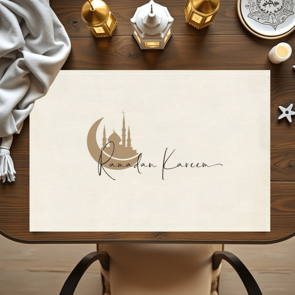 Bter Home Taplak Meja Placemat PVC Premium Ramadan Idul Fitri Minimalist Moon Mosque Cream Anti Air - image 3