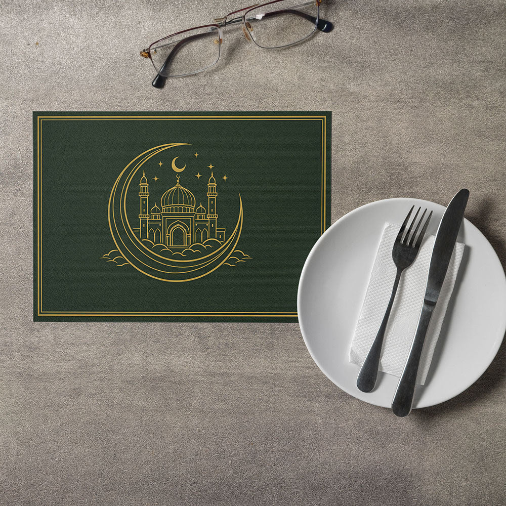 Bter Home Tatakan Piring Placemat PVC Premium Crescent Masjid Gold Anti Air