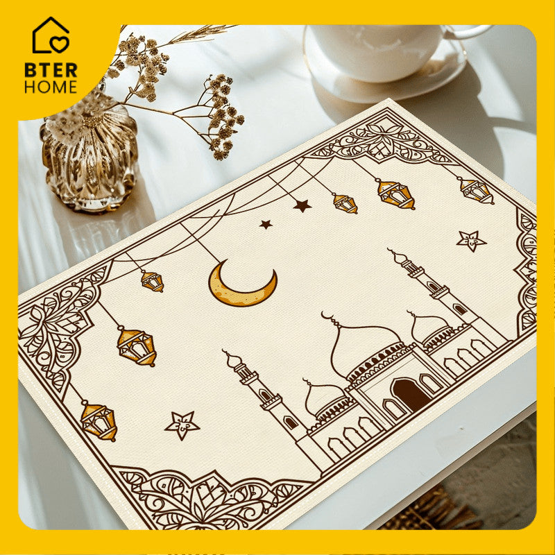 Bter Home Taplak Meja Placemat PVC Premium Ramadan Idul Fitri Mosque Lantern Frame Cream Brown Anti Air - BH5119