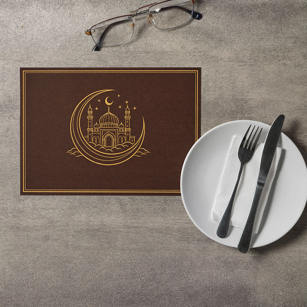 Bter Home Tatakan Piring Placemat PVC Premium Crescent Masjid Gold Anti Air
