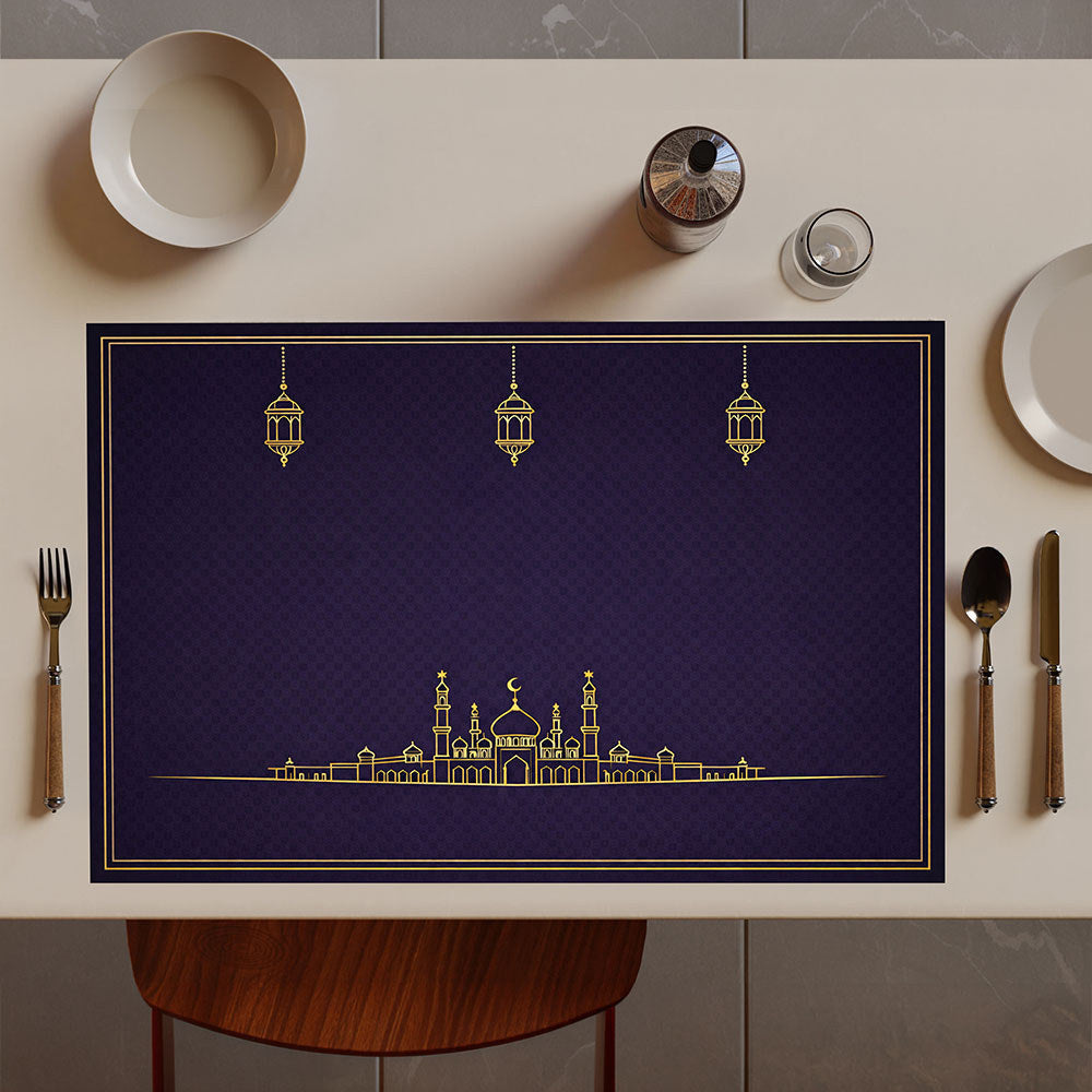 Bter Home Tatakan Piring Placemat PVC Premium Skyline Masjid Lentera Gold Anti Air