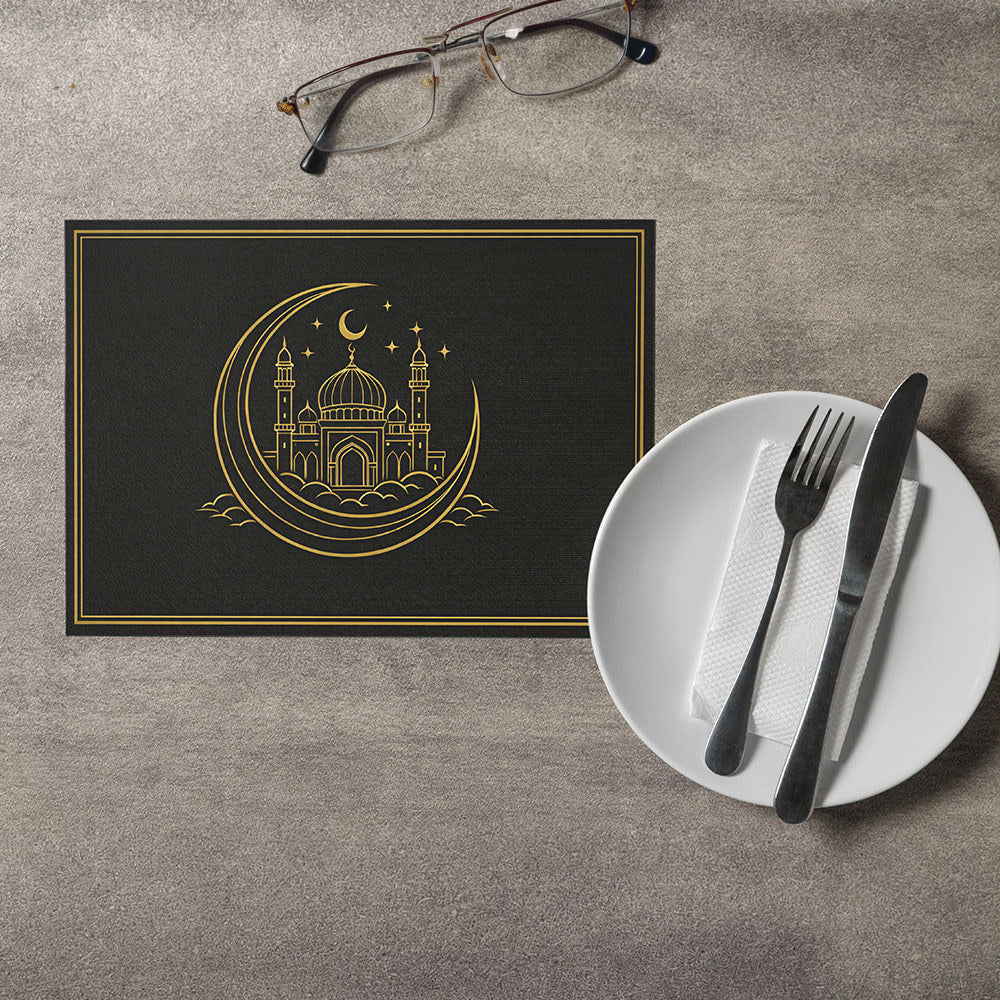 Bter Home Tatakan Piring Placemat PVC Premium Crescent Masjid Gold Anti Air