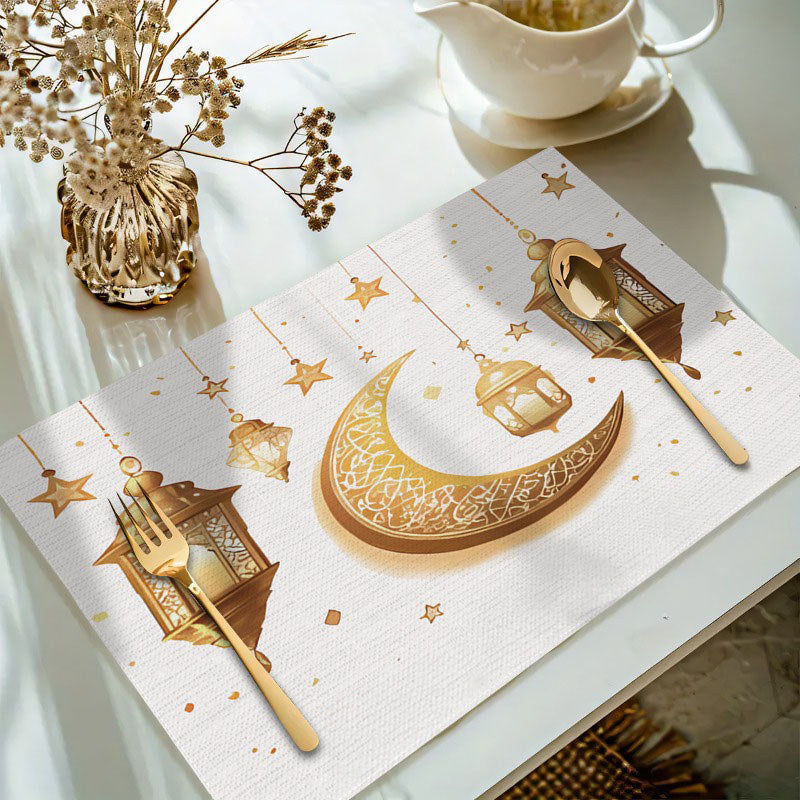 Bter Home Taplak Meja Placemat PVC Premium Ramadan Idul Fitri Crescent Lantern White Gold Anti Air