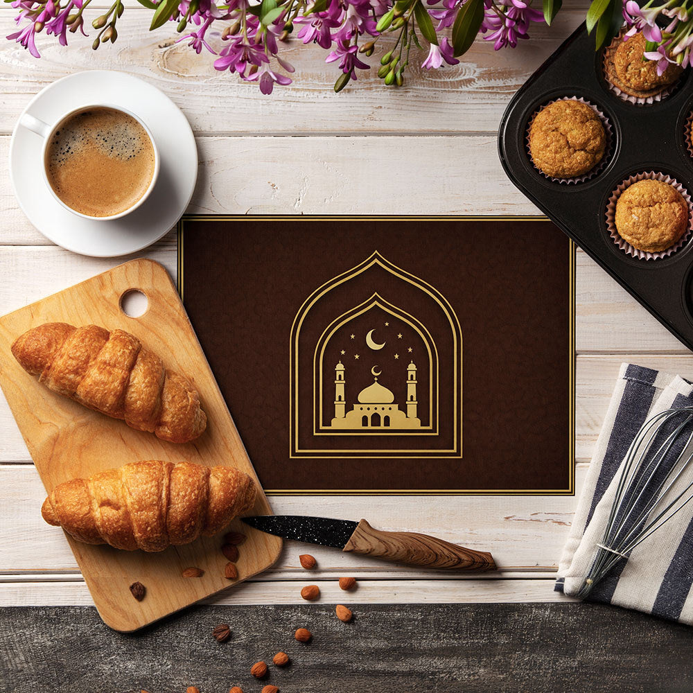 Bter Home Tatakan Piring Placemat PVC Premium Skyline Masjid Gold Anti Air