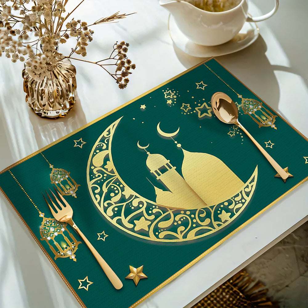 Bter Home Taplak Meja Placemat PVC Premium Ramadan Idul Fitri Emerald Green Gold Mosque Crescent - image 6