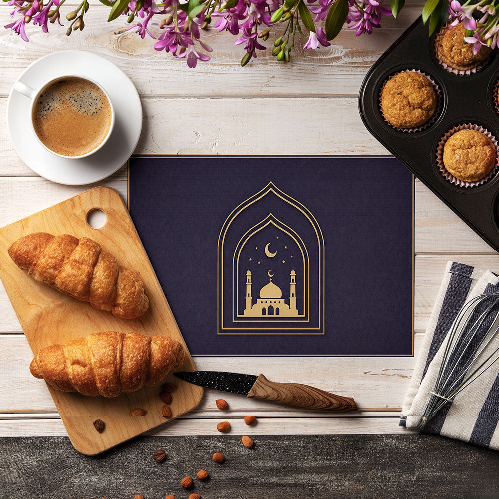 Bter Home Tatakan Piring Placemat PVC Premium Skyline Masjid Gold Anti Air