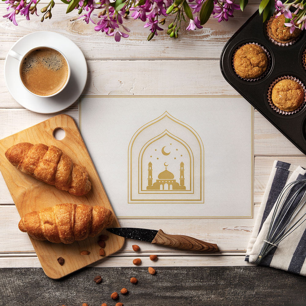 Bter Home Tatakan Piring Placemat PVC Premium Skyline Masjid Gold Anti Air