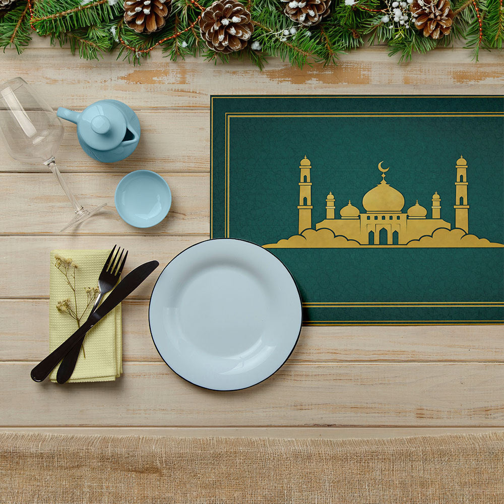 Bter Home Tatakan Piring Placemat PVC Premium Masjid Gold Emerald Anti Air