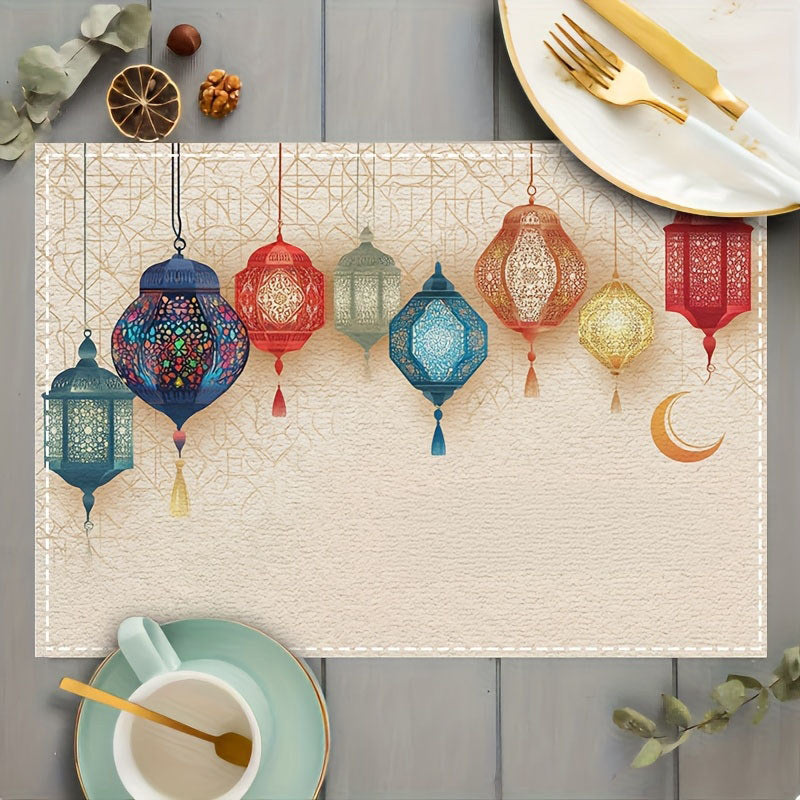 Bter Home Taplak Meja Placemat PVC Premium Ramadan Idul Fitri Crescent Lantern White Gold Anti Air